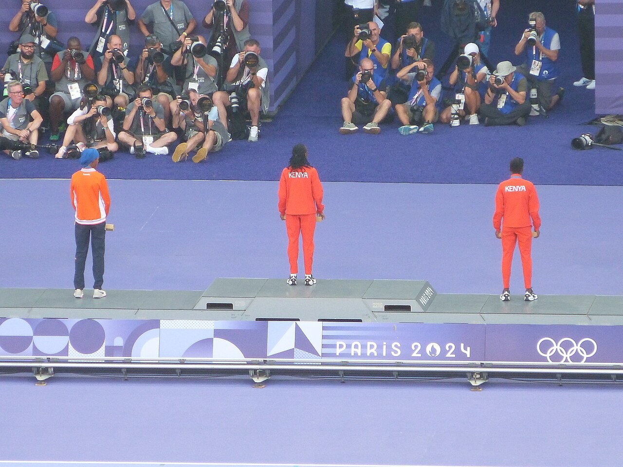 The women’s 5000m medal podium at the Paris 2024 Olympics, including Faith Kipyegon. File photograph, not Florence 2023.