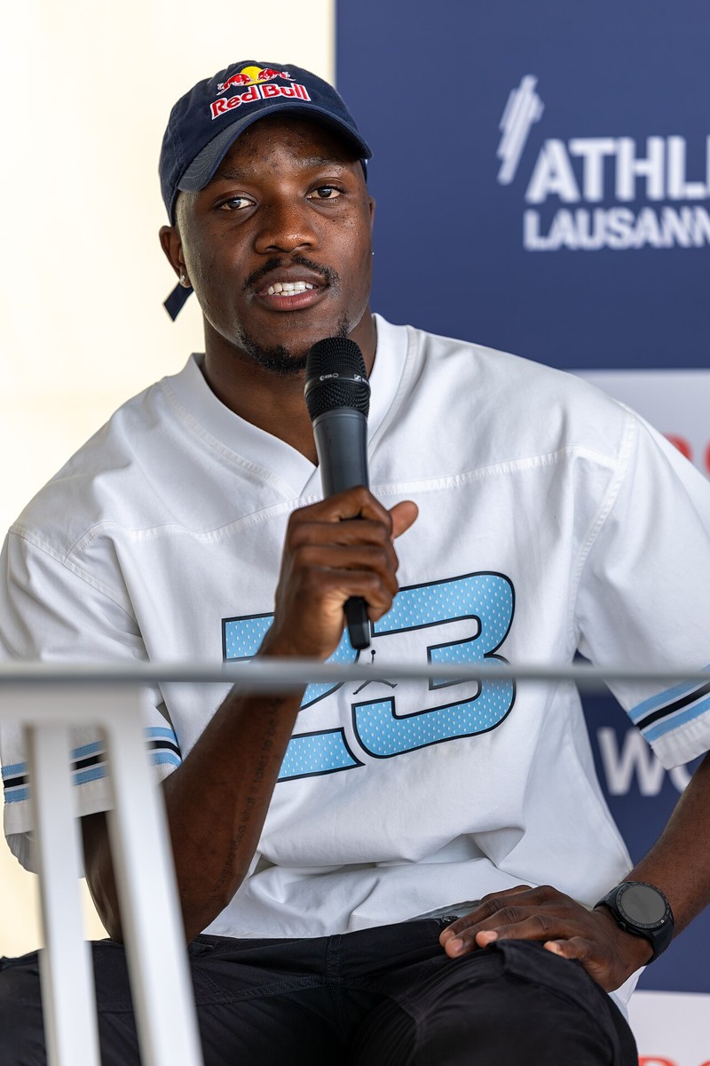 Letsile Tebogo at an Athletissima press conference. File photograph, not his February 2024 race in Pretoria.