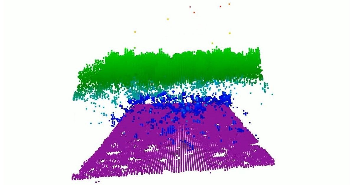 Ihe oyiyi lidar NASA si n'ụgbọ November 2024 n'elu Great Cypress Swamp, Delaware. Green bụ elu osisi, purple bụ ala, blue bụ obere osisi; agba ndị a na-anọchi data.