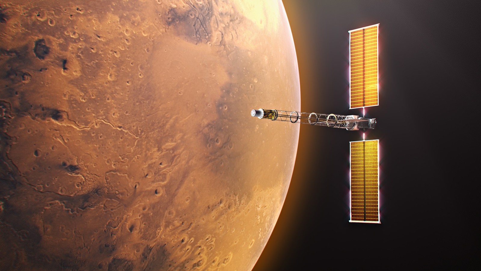 NASA artist's illustration of SR-1 Freedom near Mars, credited to Alberto Bertolin. The spacecraft has not yet made this journey.
