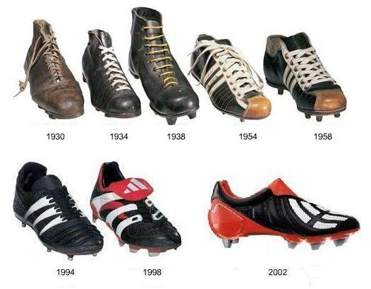 Football boots from 1930 to 2002 on display. Historical equipment photograph, not boots belonging to the Future Eagles.